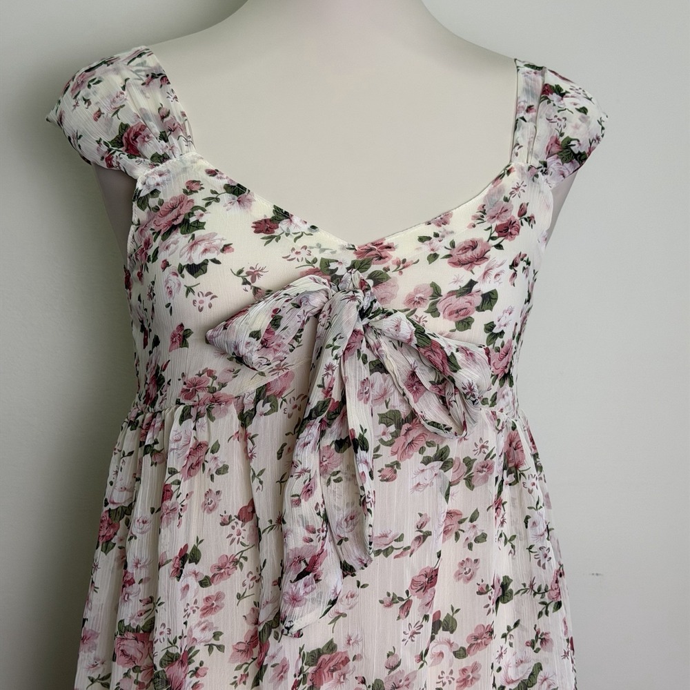 CottageCore Dress Size Small Floral Sweetheart Tie-Front Mini Dress Cream Pink - Picture 2 of 7